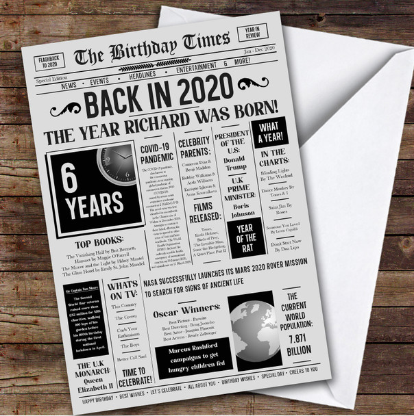 Born In 2020 Grey Newspaper Birthday Facts Any Year Any Age Personalised Card