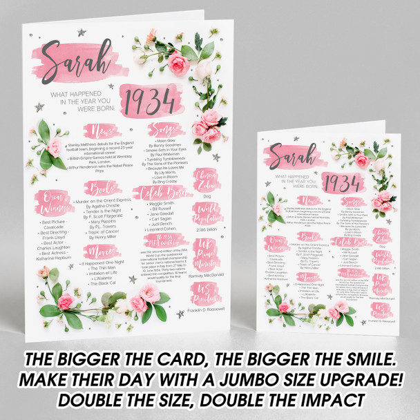 Born In 1934 Pink Flower Birthday Facts Any Year Any Age Personalised Card