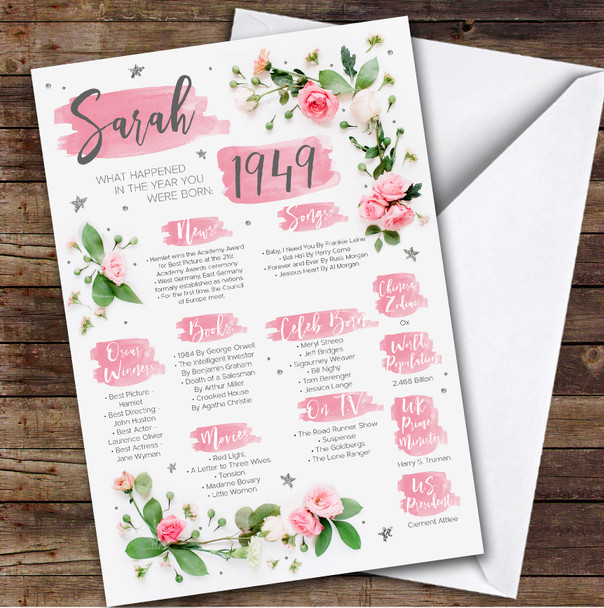Born In 1949 Pink Flower Birthday Facts Any Year Any Age Personalised Card