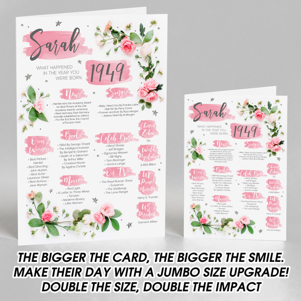 Born In 1949 Pink Flower Birthday Facts Any Year Any Age Personalised Card