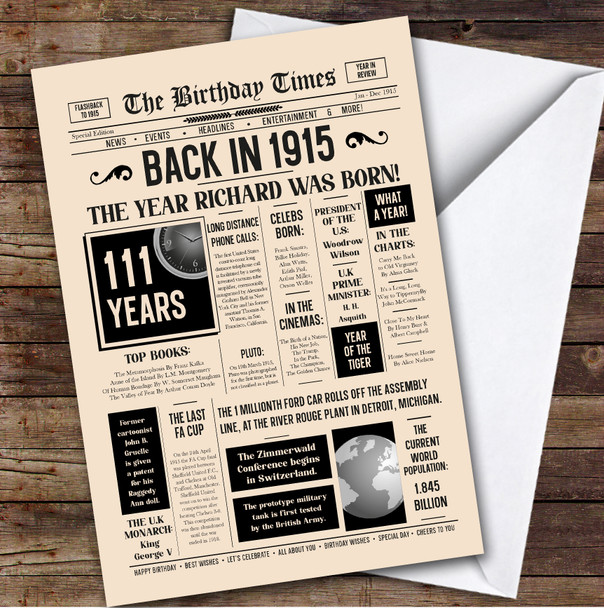 Born In 1915 Newspaper Birthday Facts Any Year Any Age Personalised Card