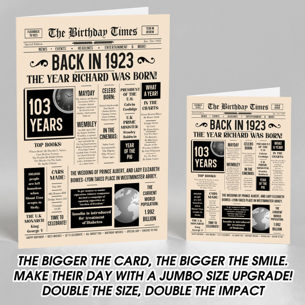 Born In 1923 Newspaper Birthday Facts Any Year Any Age Personalised Card