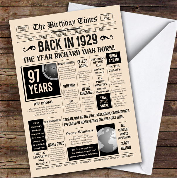 Born In 1929 Newspaper Birthday Facts Any Year Any Age Personalised Card