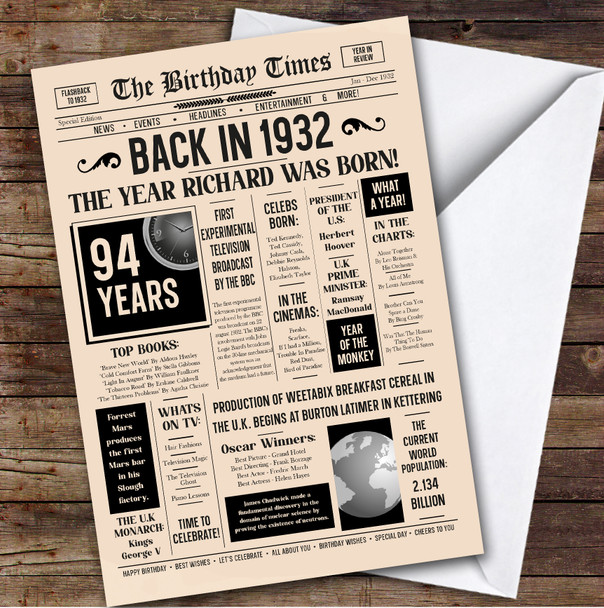 Born In 1932 Newspaper Birthday Facts Any Year Any Age Personalised Card
