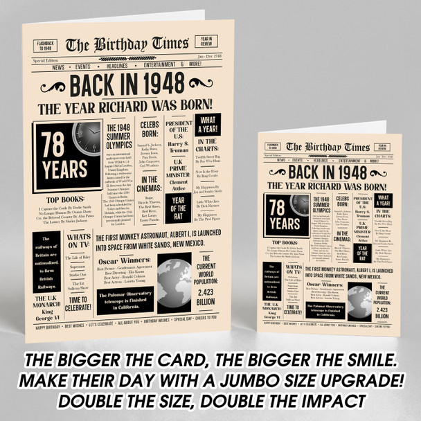 Born In 1948 Newspaper Birthday Facts Any Year Any Age Personalised Card