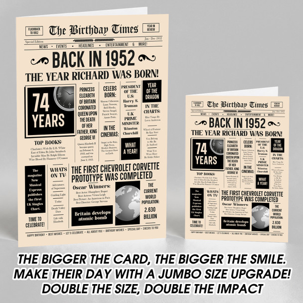 Born In 1952 Newspaper Birthday Facts Any Year Any Age Personalised Card