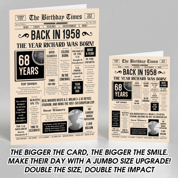 Born In 1958 Newspaper Birthday Facts Any Year Any Age Personalised Card