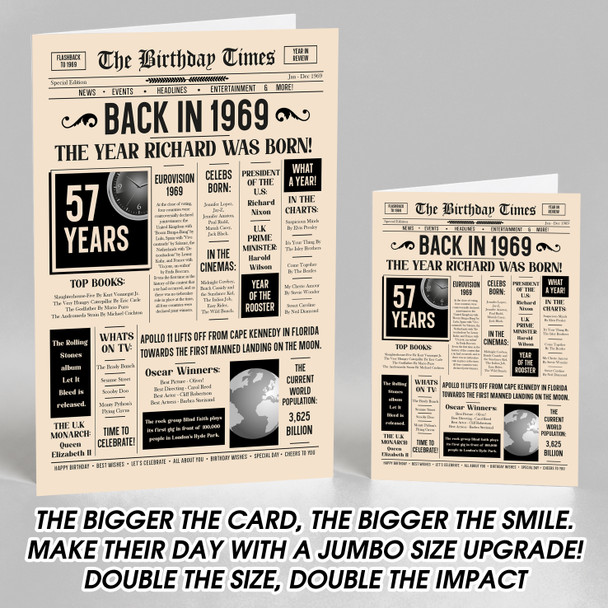 Born In 1969 Newspaper Birthday Facts Any Year Any Age Personalised Card