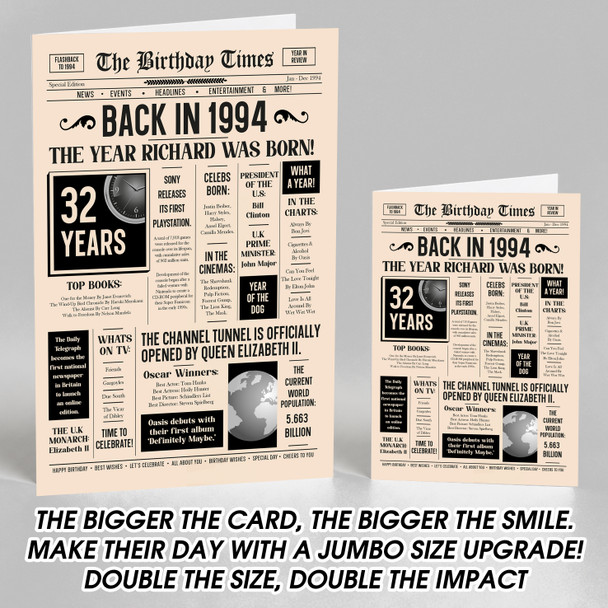 Born In 1994 Newspaper Birthday Facts Any Year Any Age Personalised Card