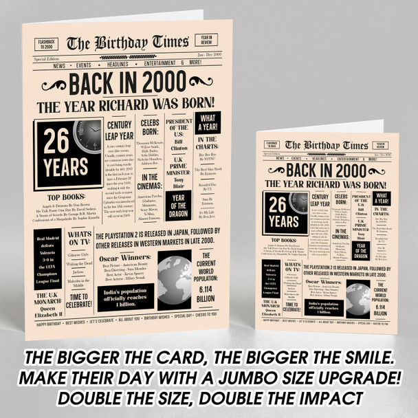 Born In 2000 Newspaper Birthday Facts Any Year Any Age Personalised Card