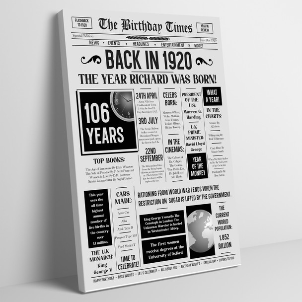 Born In 1920 Grey Newspaper Birthday Facts Any Year Any Age Personalised Print