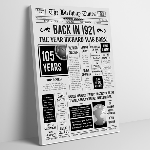 Born In 1921 Grey Newspaper Birthday Facts Any Year Any Age Personalised Print