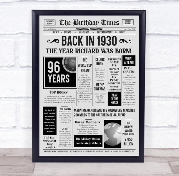Born In 1930 Grey Newspaper Birthday Facts Any Year Any Age Personalised Print