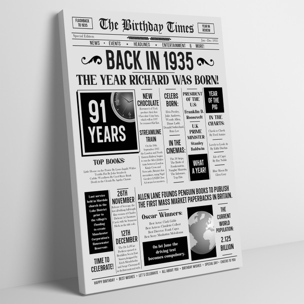 Born In 1935 Grey Newspaper Birthday Facts Any Year Any Age Personalised Print