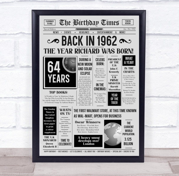 Born In 1962 Grey Newspaper Birthday Facts Any Year Any Age Personalised Print
