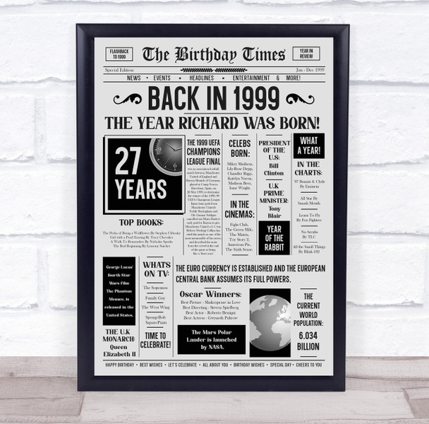 Born In 1999 Grey Newspaper Birthday Facts Any Year Any Age Personalised Print
