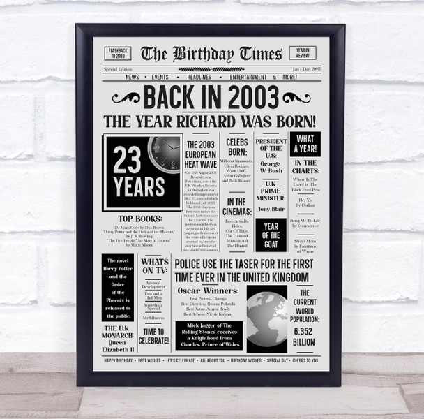 Born In 2003 Grey Newspaper Birthday Facts Any Year Any Age Personalised Print