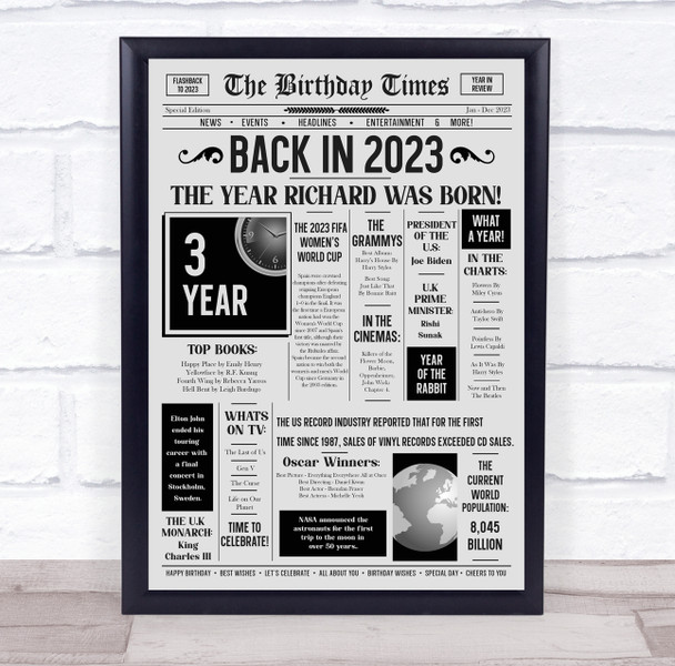 Born In 2023 Grey Newspaper Birthday Facts Any Year Any Age Personalised Print