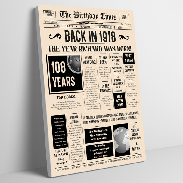 Born In 1918 Newspaper Birthday Facts Any Year Any Age Personalised Print