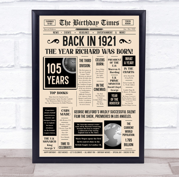 Born In 1921 Newspaper Birthday Facts Any Year Any Age Personalised Print
