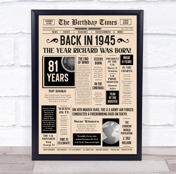Born In 1945 Newspaper Birthday Facts Any Year Any Age Personalised Print