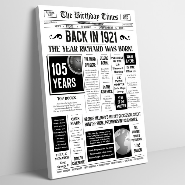 Born In 1921 White Newspaper Birthday Facts Any Year Any Age Personalised Print