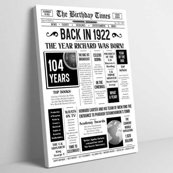 Born In 1922 White Newspaper Birthday Facts Any Year Any Age Personalised Print