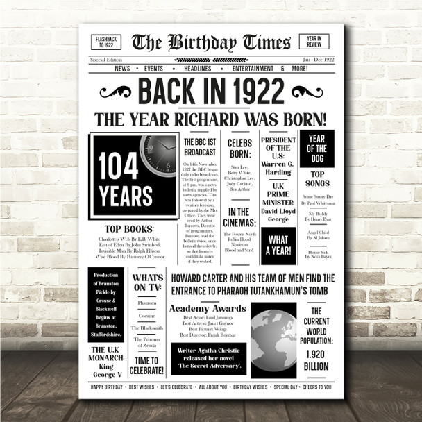 Born In 1922 White Newspaper Birthday Facts Any Year Any Age Personalised Print