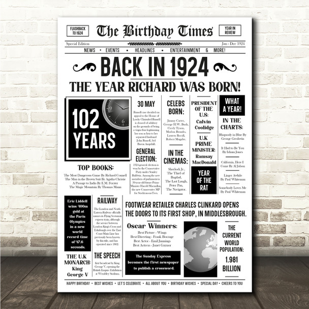 Born In 1924 White Newspaper Birthday Facts Any Year Any Age Personalised Print