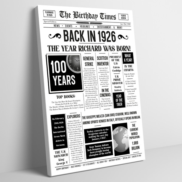 Born In 1926 White Newspaper Birthday Facts Any Year Any Age Personalised Print