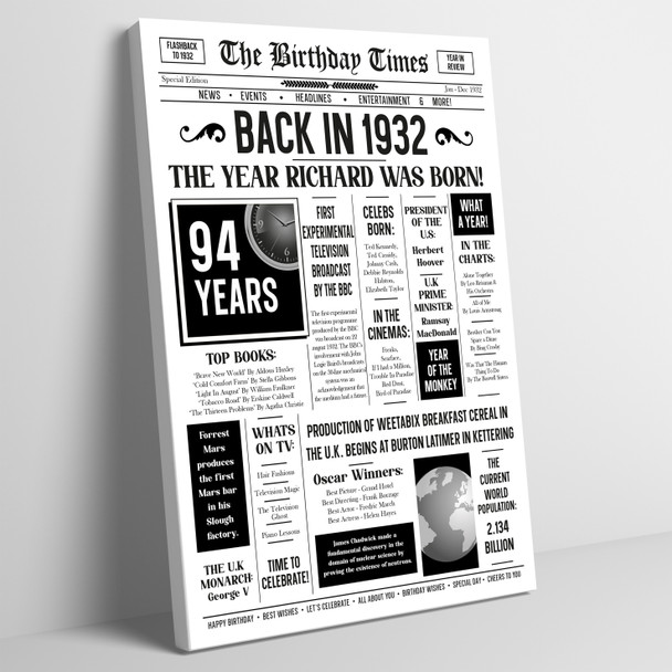 Born In 1932 White Newspaper Birthday Facts Any Year Any Age Personalised Print