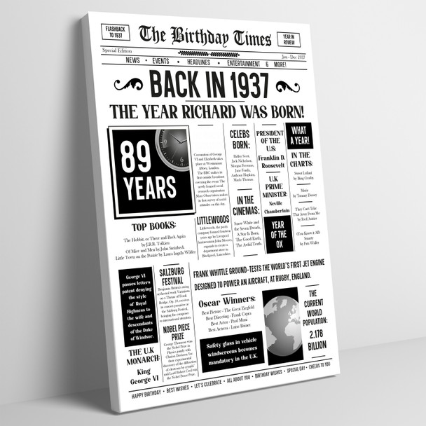 Born In 1937 White Newspaper Birthday Facts Any Year Any Age Personalised Print