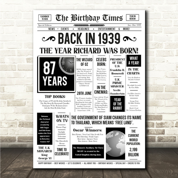 Born In 1939 White Newspaper Birthday Facts Any Year Any Age Personalised Print