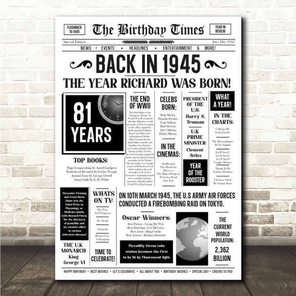 Born In 1945 White Newspaper Birthday Facts Any Year Any Age Personalised Print