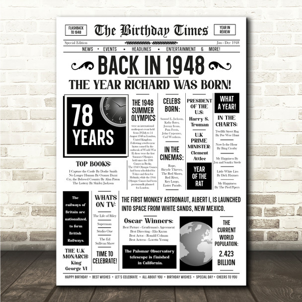 Born In 1948 White Newspaper Birthday Facts Any Year Any Age Personalised Print
