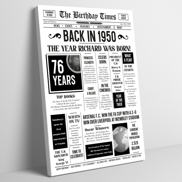 Born In 1950 White Newspaper Birthday Facts Any Year Any Age Personalised Print