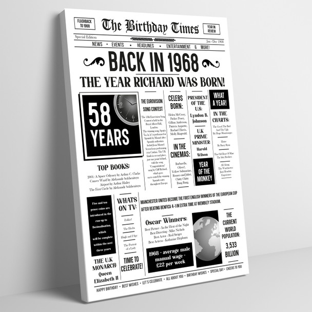 Born In 1968 White Newspaper Birthday Facts Any Year Any Age Personalised Print