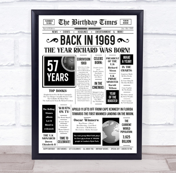 Born In 1969 White Newspaper Birthday Facts Any Year Any Age Personalised Print