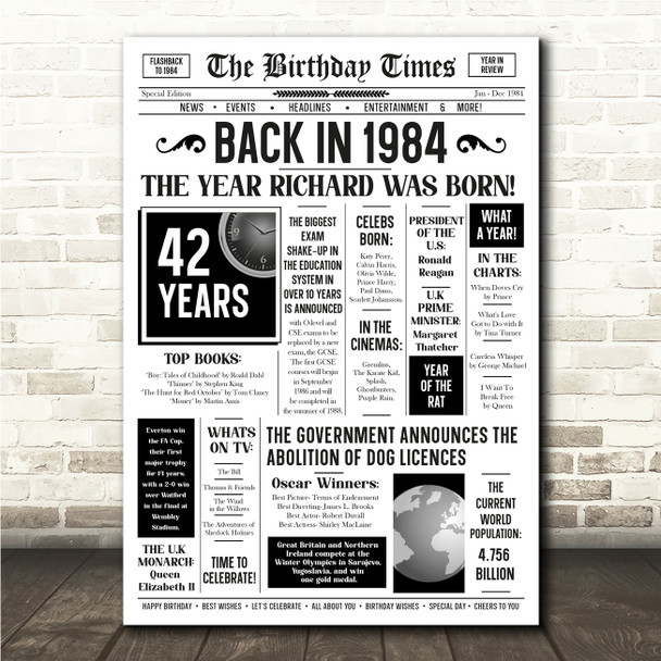Born In 1984 White Newspaper Birthday Facts Any Year Any Age Personalised Print