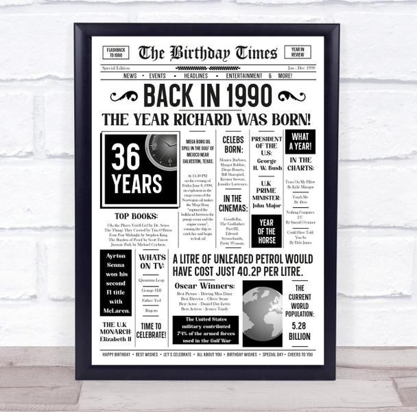 Born In 1990 White Newspaper Birthday Facts Any Year Any Age Personalised Print