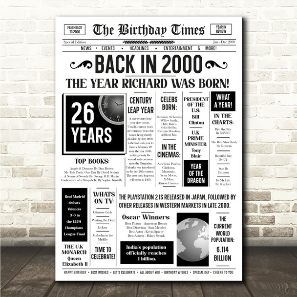 Born In 2000 White Newspaper Birthday Facts Any Year Any Age Personalised Print