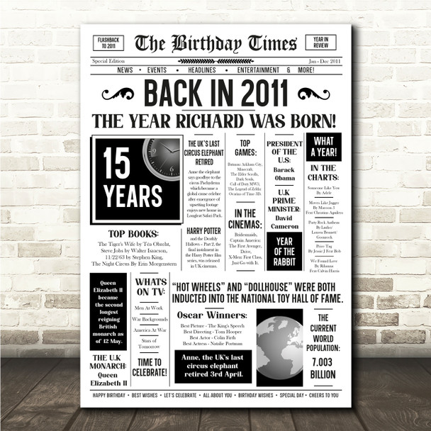 Born In 2011 White Newspaper Birthday Facts Any Year Any Age Personalised Print