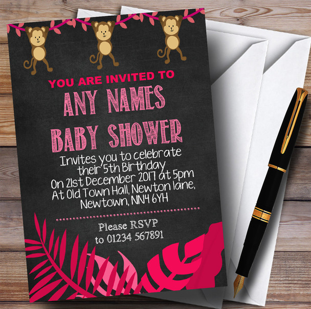 Pink Chalk Style Swinging Monkey Jungle Invitations Baby Shower Invitations