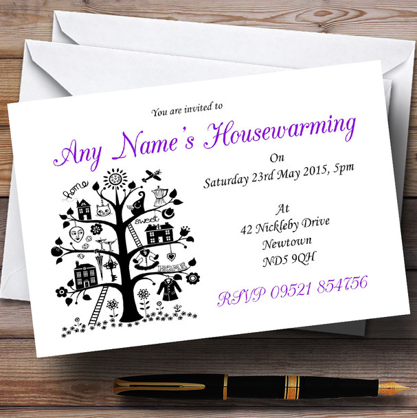 Purple White And Black Housewarming Party Customised Invitations