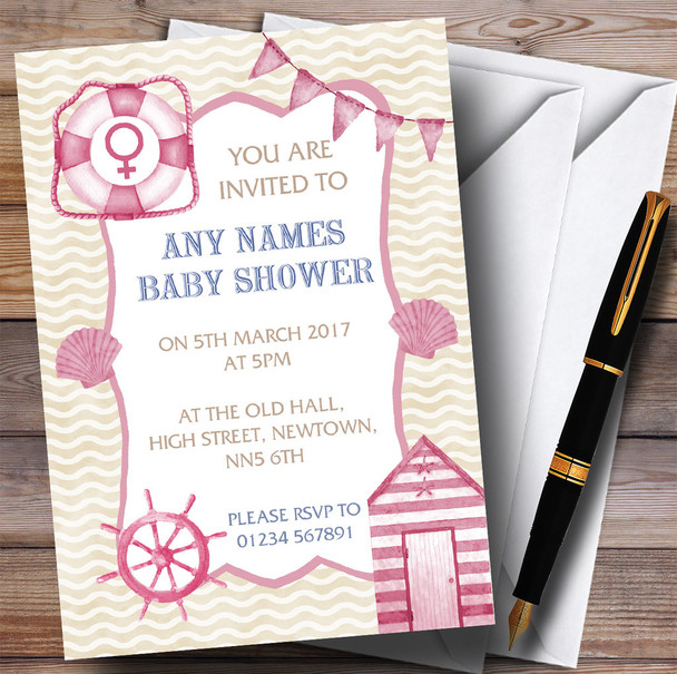 Pink Nautical Beach Watercolour Invitations Baby Shower Invitations