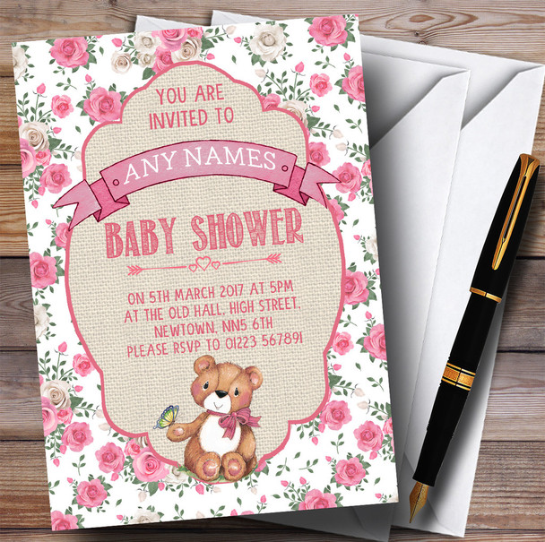 Pink Roses Girls Teddy Bear Picnic Invitations Baby Shower Invitations