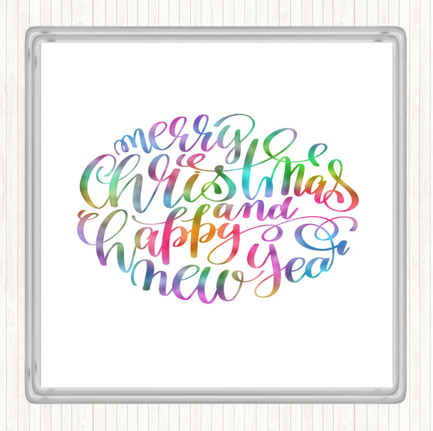 Christmas Merry Xmas Happy New Year Rainbow Quote Coaster