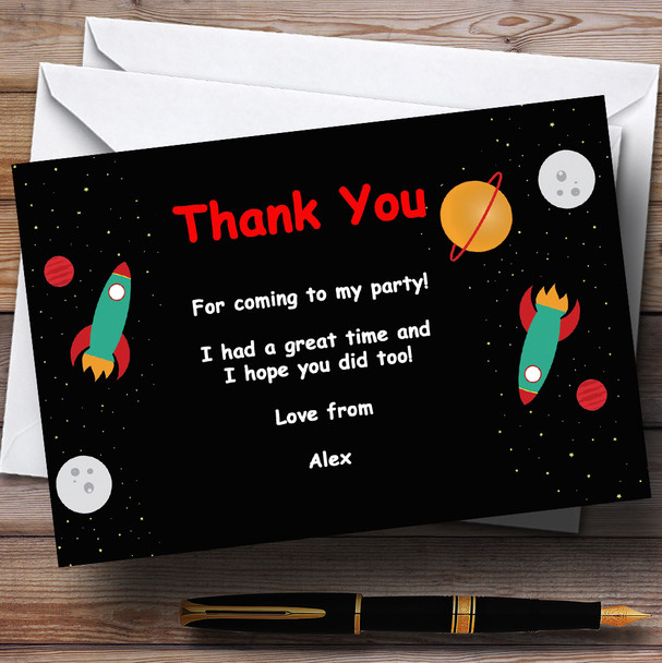 Outer Space Rocket Black Customised Birthday Party Thank You Cards