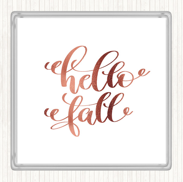 Rose Gold Hello Fall Quote Coaster