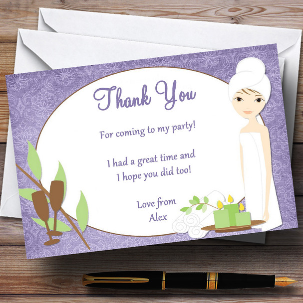 Purple Relaxing Spa Makeover Manicure Customised Birthday Party Thank You Cards